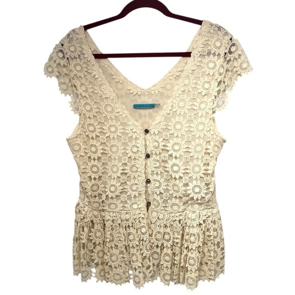 Alice + Olivia Wendy Cream Lace Button Front Vest Peplum Top Women’s Large - Picture 5 of 14
